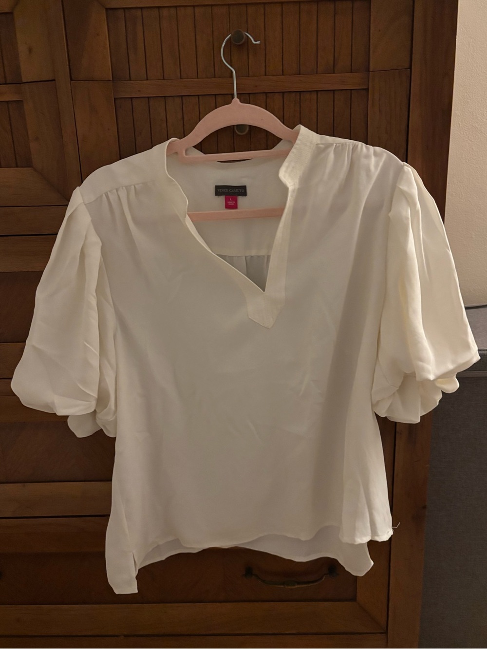 Vince Camuto Cream Puff-Sleeve Split-Neck Blouse